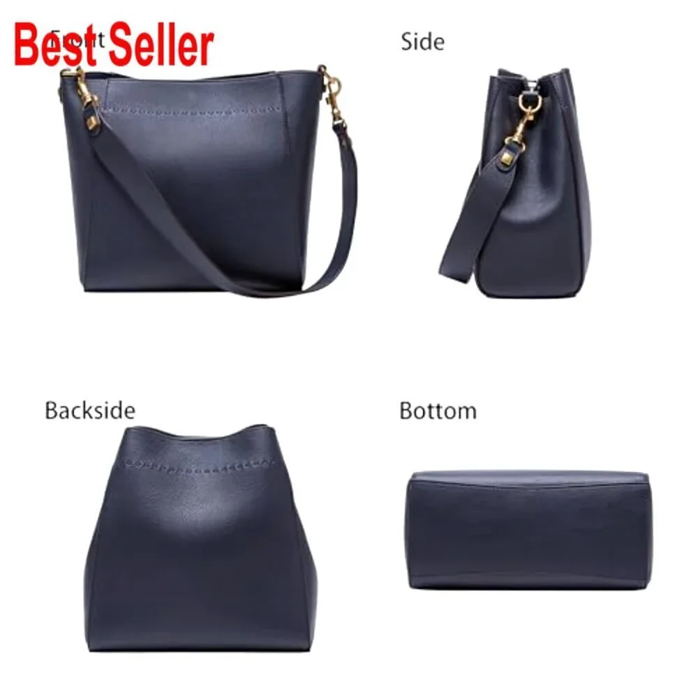Genuine Leather Bucket Hobo Bag with Detachable Wide Strap